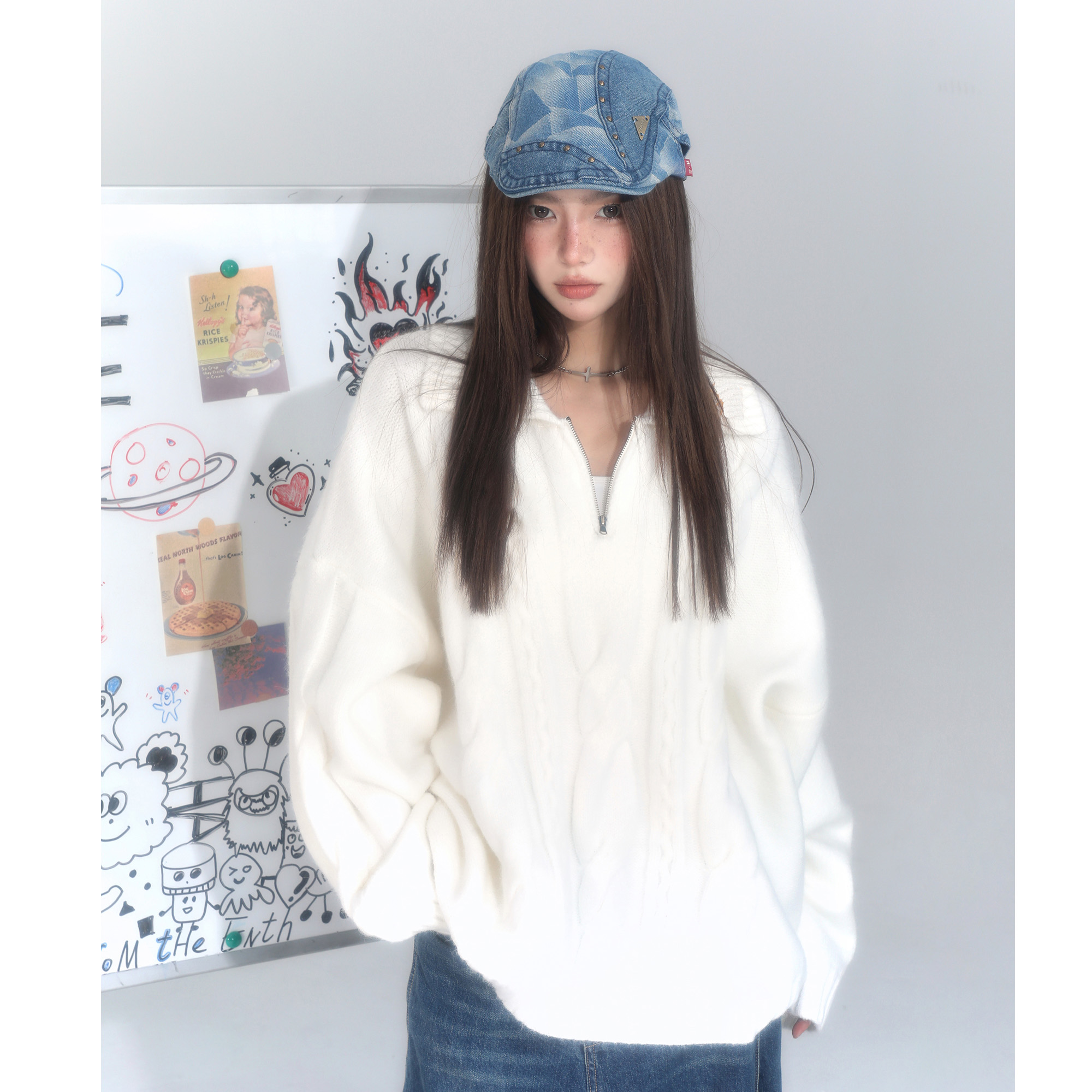 美式白色麻花翻领半拉链针织毛衣女春秋款慵懒高级感2024早秋上衣