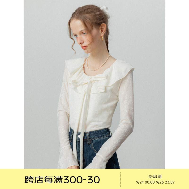 EGGKA白色荷叶边绑带喇叭袖衬衫2024秋新款温柔气质百搭长袖上衣