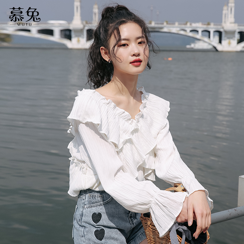 chic荷叶边甜系雪纺白衬衫女2024秋季新款V领设计感小众别致上衣