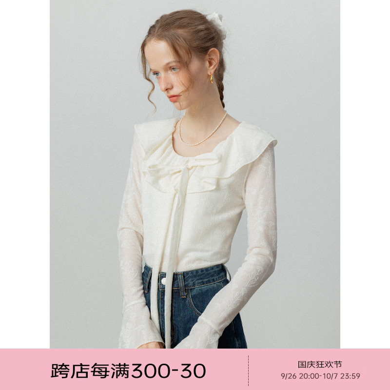 EGGKA白色荷叶边绑带喇叭袖衬衫2024秋新款温柔气质百搭长袖上衣