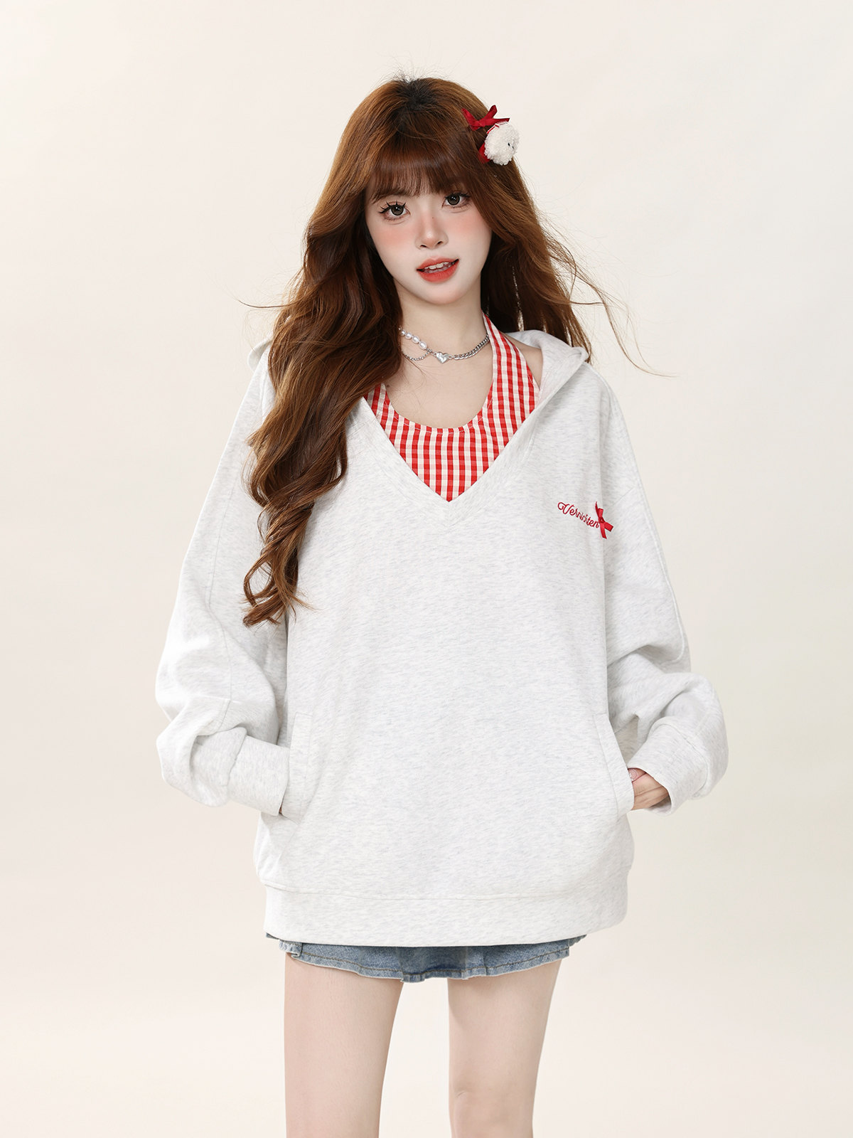 ENJOG 复古格子两件套卫衣女春秋新款宽松慵懒风连帽oversize外套