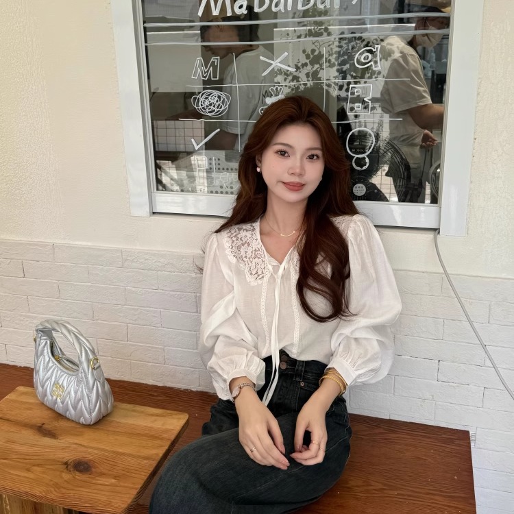 【扶桑有喻】秋季新款韩系蕾丝拼接雪纺衬衫女系带宽松气质长袖上