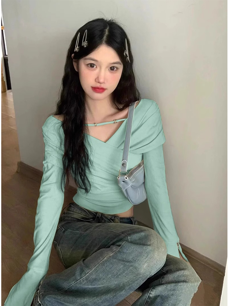 薄荷曼波风绿色长袖T恤女早秋季纯欲V领甜辣妹修身打底衫甜辣上衣