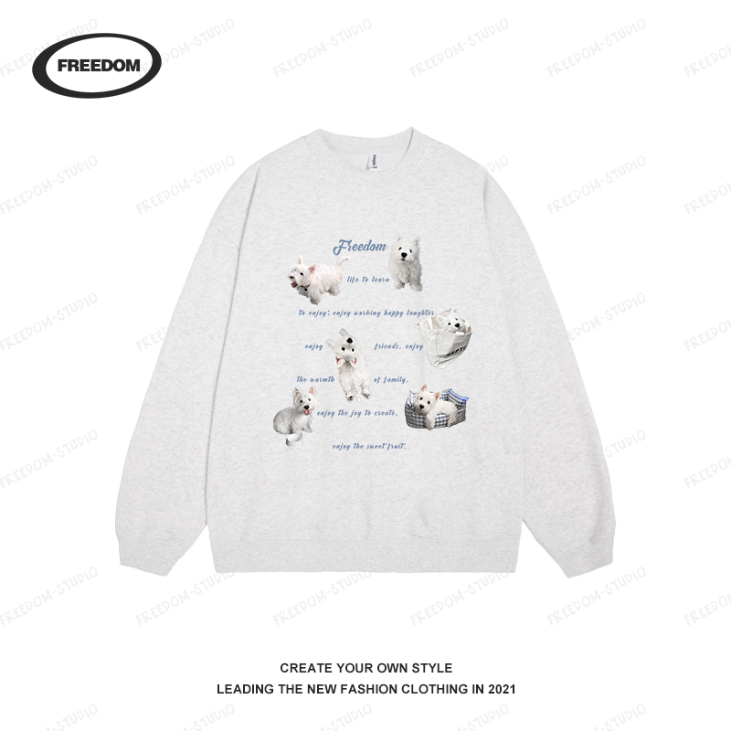 FREEDOM 西高地软萌狗狗字母印花圆领卫衣女秋季加绒上衣慵懒风