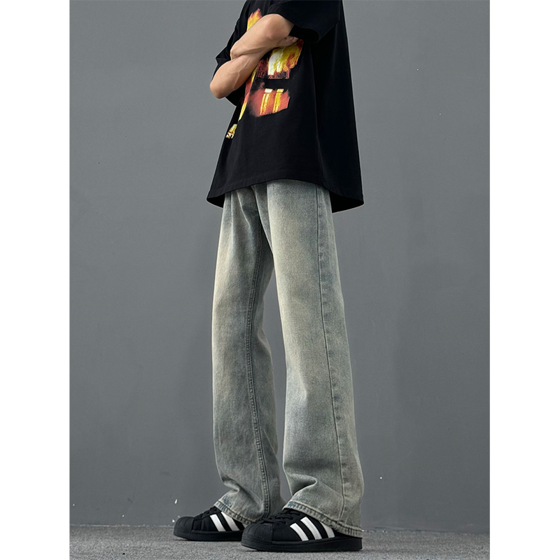 复古蓝微喇牛仔裤男款夏季显瘦cleanfit裤子美式高街修身直筒长裤