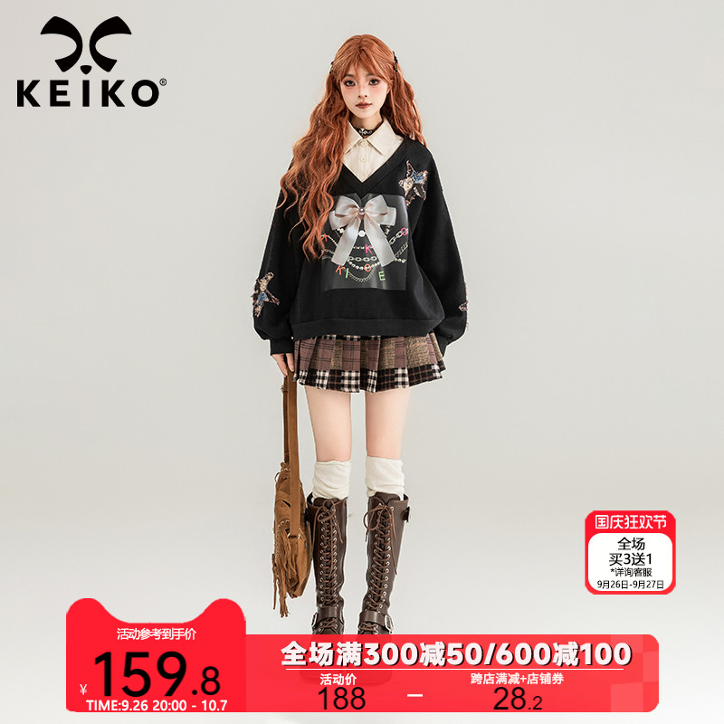 KEIKO [加密绒] 蝴蝶结印花假两件卫衣2024早秋设计感polo领外套