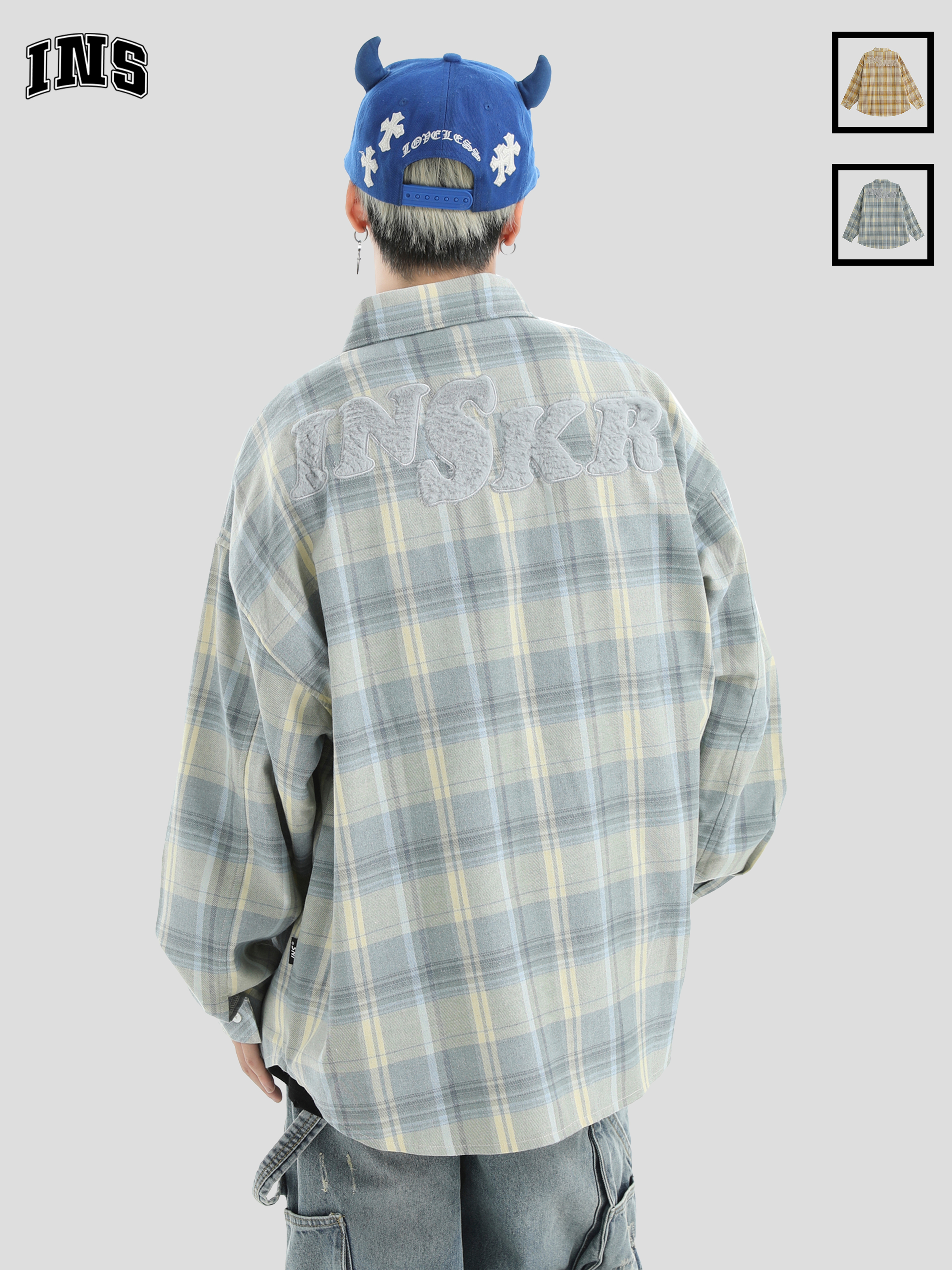 INSstudios 国潮牌情侣美式绒毛贴布LOGO格子衬衫长袖衬衣外套男