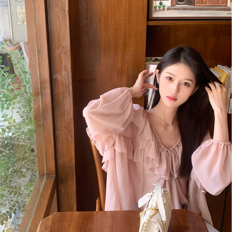 Juicecola 早秋新款法式粉色衬衫女荷叶边甜美仙气慵懒雪纺衫上衣