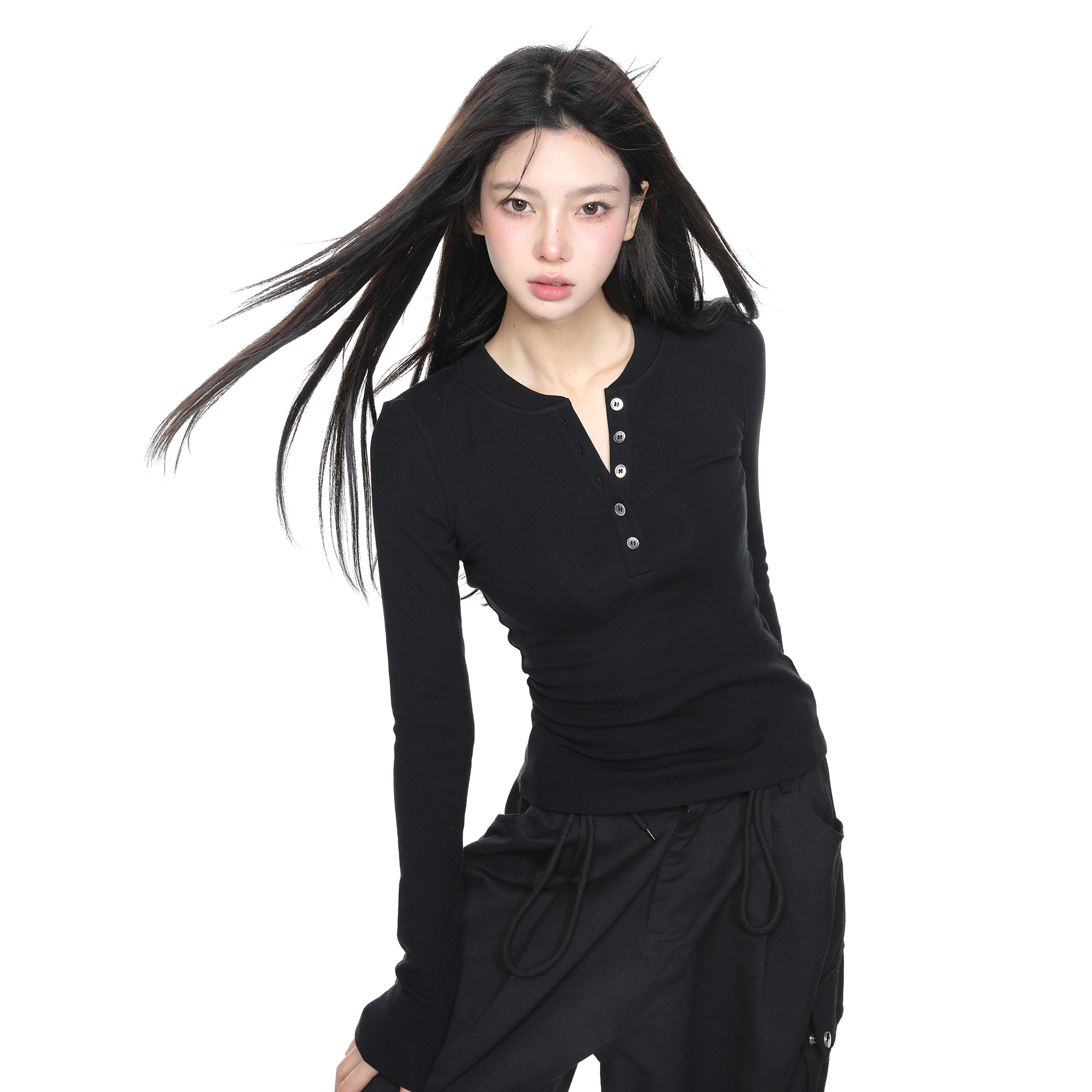 早秋美式v领黑色半开领长袖针织衫女春秋修身收腰内搭打底衫上衣