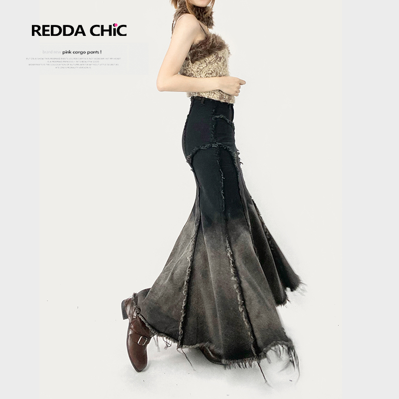 美拉德复古法式牛仔鱼尾裙女秋修身不规则荷叶边渐变黑色半身长裙