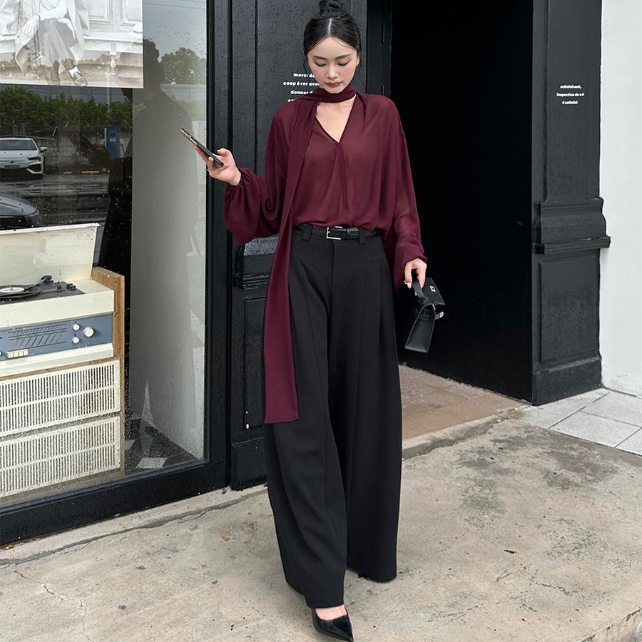 VENUIE酒红色飘带长袖雪纺衬衫小众设计感宽松休闲灯笼袖V领上衣