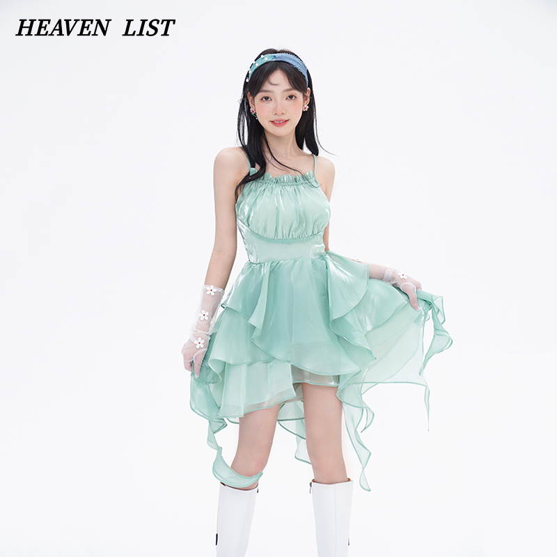 HEAVENLIST原创设计春夏薄荷曼波流光绿不规则高腰连衣裙仙女吊带