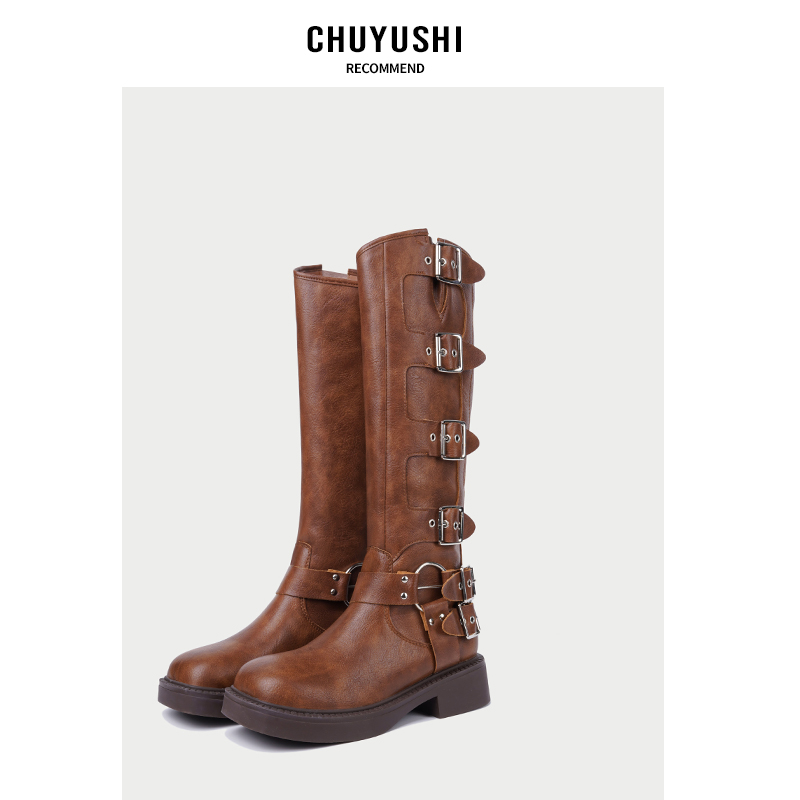 CHUYUSHI 棕色长筒靴女复古百搭扣搭套筒机车骑士靴西部牛仔靴子