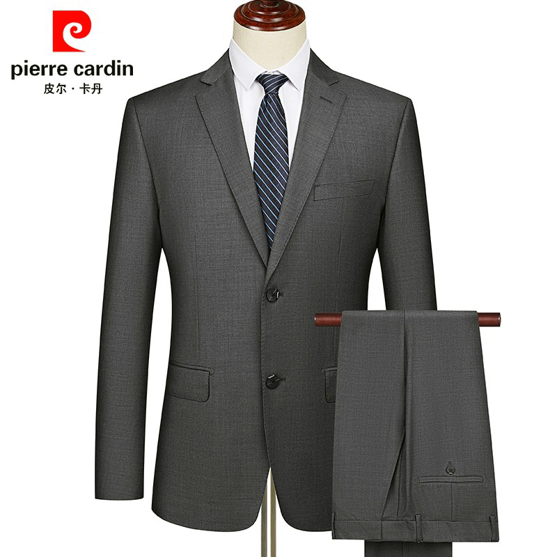 皮尔卡丹羊毛西服套装男士商务正装职业装爸爸结婚礼服灰色西装
