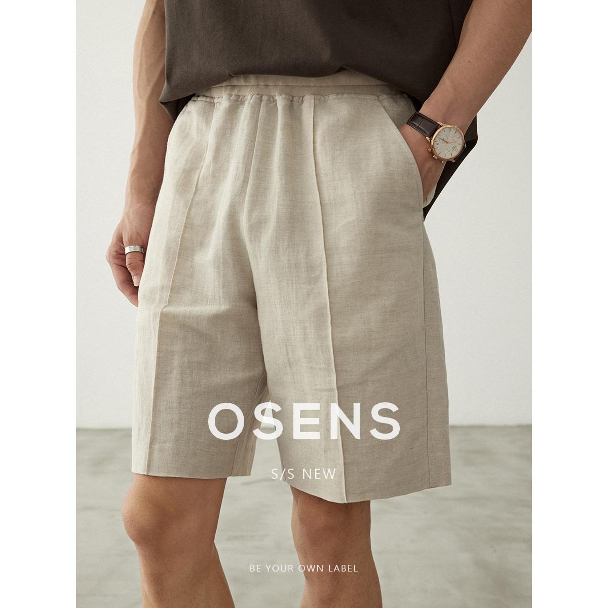OSENS棉麻斜纹肌理轻质男士中短裤宽松纯色休闲薄款五分裤夏