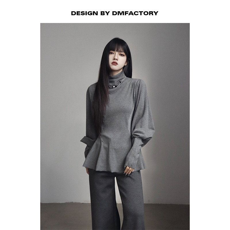 呆毛 法式复古半高领针织打底衫女秋冬季修身内搭显瘦灯笼袖上衣