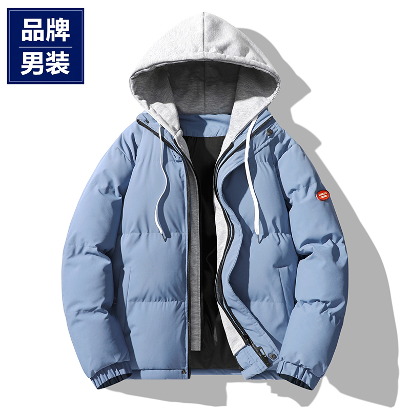品牌男装冬季新款羽绒棉服连帽假两件青年男生加厚保暖帅气外套潮