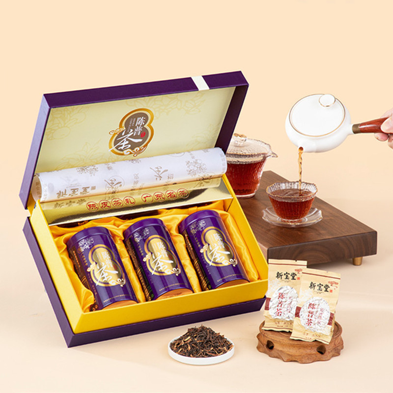 新宝堂陈皮普洱茶 十三年新会陈皮普洱熟茶铁罐礼盒装90g一件代发     1件
